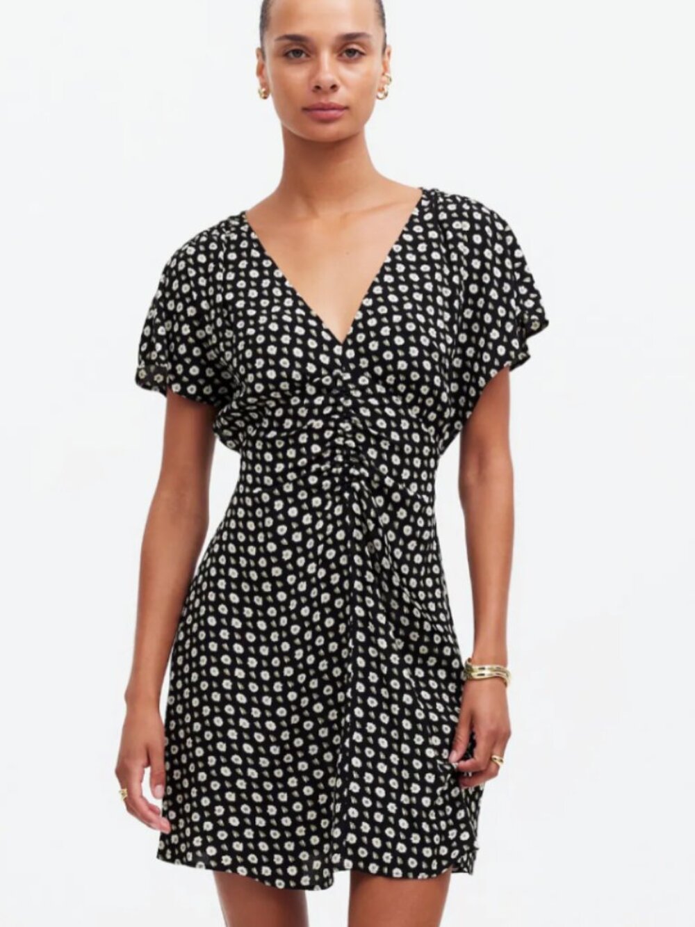 Madewell Flowy Ruched V-Neck Mini Dress in black ground Floral